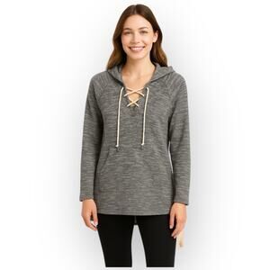 Charmed Hearts Waffle Knit Hoodie Tunic Womens XL Gray Lace Up NWT